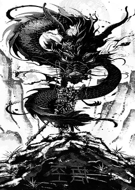 Dragon and Warrior Ink Illustration