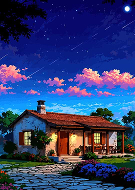 Cozy House Under Starry Night Sky