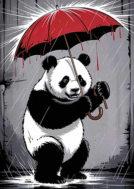 Panda in Rain with Red Umbrella