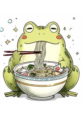 Frog eating ramen illustration