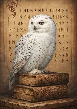 Snowy Owl Perched on Ancient Books