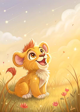 Cute Lion Cub in Golden Savannah Dawn Gazing at Stars