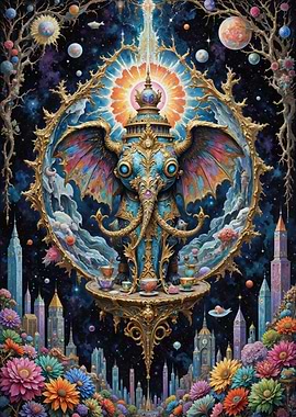 Surreal Elephant Tea Party in Space