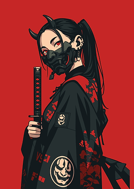 Cyberpunk Oni Girl with Katana