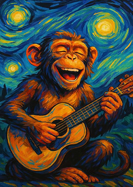 Monkey playing guitar in starry night