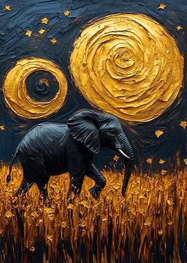 Elephant under swirling golden sky painting