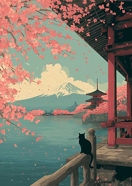 Japanese Landscape with Cat and Cherry Blossoms