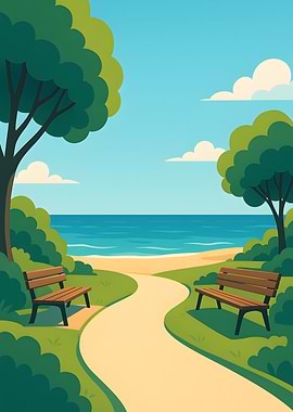 Park Path to Beach with Benches