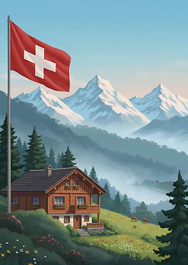 Swiss Chalet with Flag and Mountains