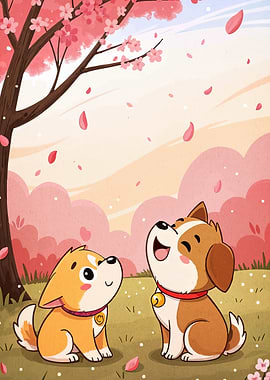 Two Cute Dogs Under Cherry Blossoms