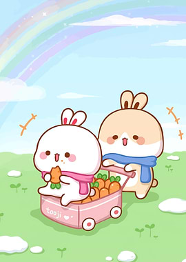 Cute Bunnies Carrots and Wagon