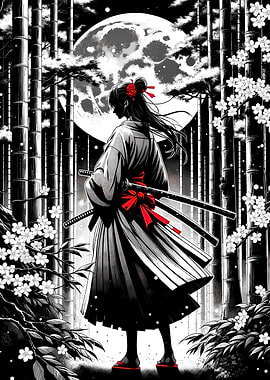 Samurai Woman in Bamboo Forest