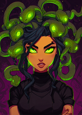 Medusa Portrait with Glowing Green Snakes