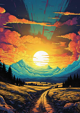 Pixelated Landscape with Sunset and Mountains