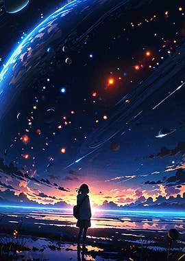 Girl Gazing at Space Anime Landscape
