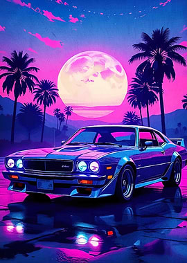 Retro Car Palm Trees Moon