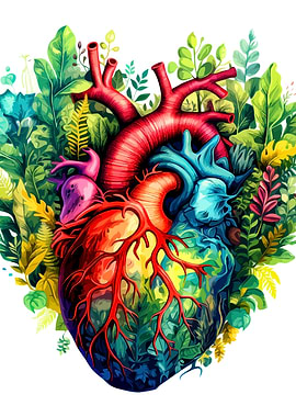 Anatomical Heart Surrounded by Lush Foliage