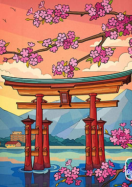 Japanese Torii Gate with Cherry Blossoms