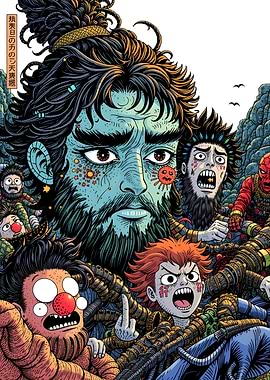 Cartoonish Crowd with a Giant Blue Face