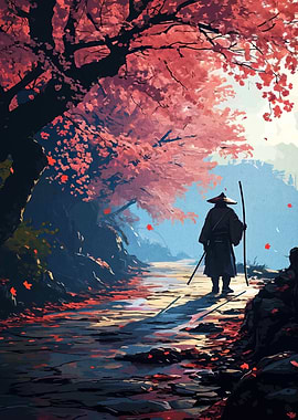 Samurai in Cherry Blossom Landscape