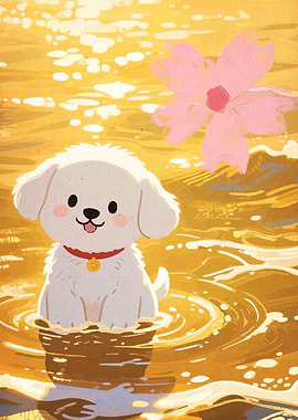 Cute Dog in Water with Flower