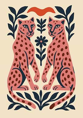 Twin Leopards with Floral Ornament Poster