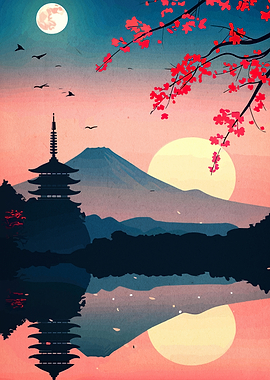 Japanese Landscape with Pagoda and Cherry Blossoms