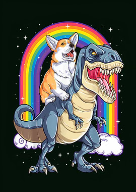 Corgi riding a dinosaur with rainbow