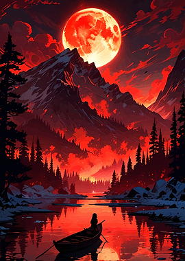 Red Moon Over Mountain Lake