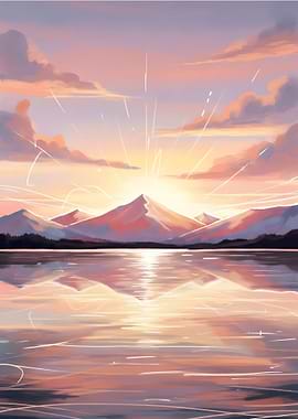 Mountain Lake Sunset Reflection Painting