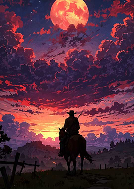 Cowboy on Horseback under Red Moon