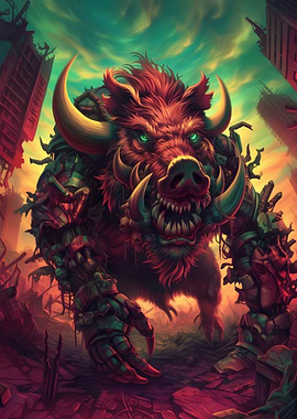 Cyberpunk Boar Monster in Ruined City