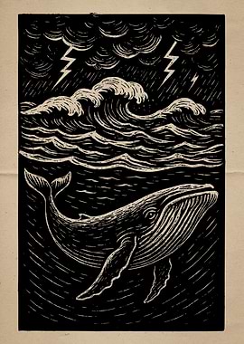 Whale in Stormy Sea Woodcut Illustration