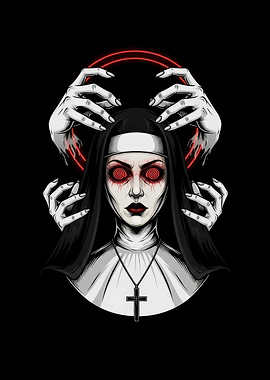 Creepy Nun with Hands and Red Halo