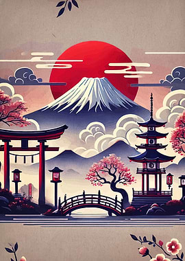 Japanese Landscape with Mount Fuji