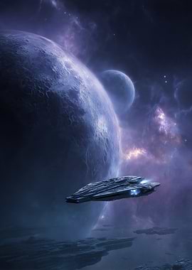 Spaceship Flying Near Planets in Space