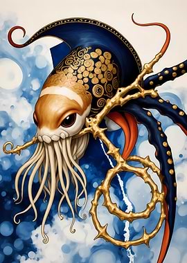 Abstract fantasy #116 - Stylized Octopus Portrait with Golden Accents