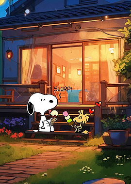 Snoopy and Woodstock Enjoying Ice Cream