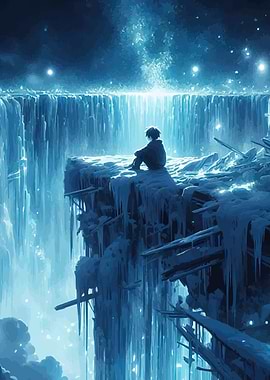 Boy on Frozen Cliff, Waterfall