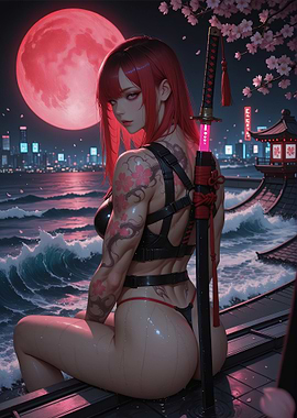 Red-haired Tattooed warrior with katana under the moon
