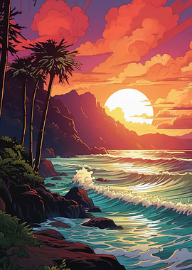 Tropical Sunset Seascape with Palm Trees
