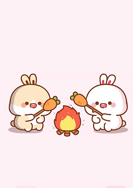 Bunnies Roasting Carrots Campfire