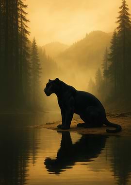 Black Panther by Lake in Forest