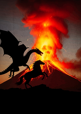 Dragon and Horse Silhouette Volcano