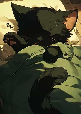 Sleeping Black Cat with Green Blanket
