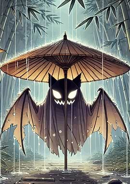 Rainy Bat with Umbrella in Bamboo Forest