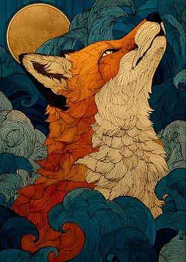 Fox howling at the moon illustration