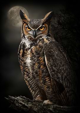 Great Horned Owl Portrait Under Moonlight
