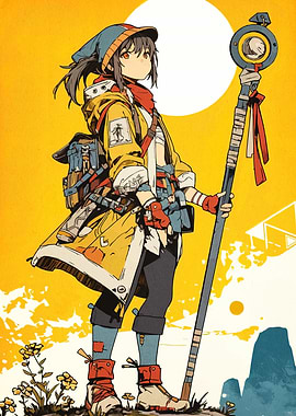 Anime Girl with Staff in Yellow Landscape
