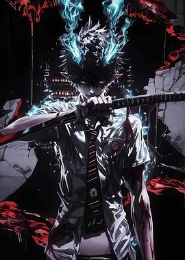 Anime Character with Sword and Flames